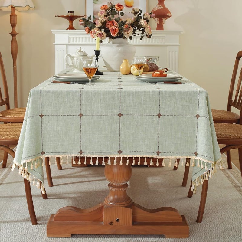Pahajim Rustic Linen Tablecloth Cotton Rectangle Table Cloth for Kitchen Dining with Tassel Plaid Waterproof Tablecloths Rectangle/Oblong,55''x118'',10-12 Seats - Image 1